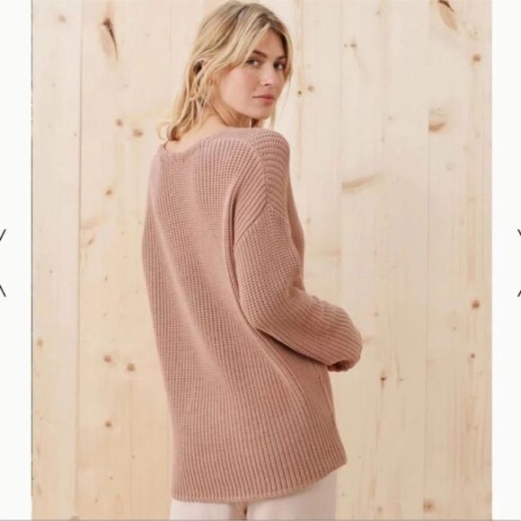 Jenni Kayne Oatmeal Cotton Knit Sweater Tan Pink Cabin Pullover V Neck Size XS - Picture 3 of 8